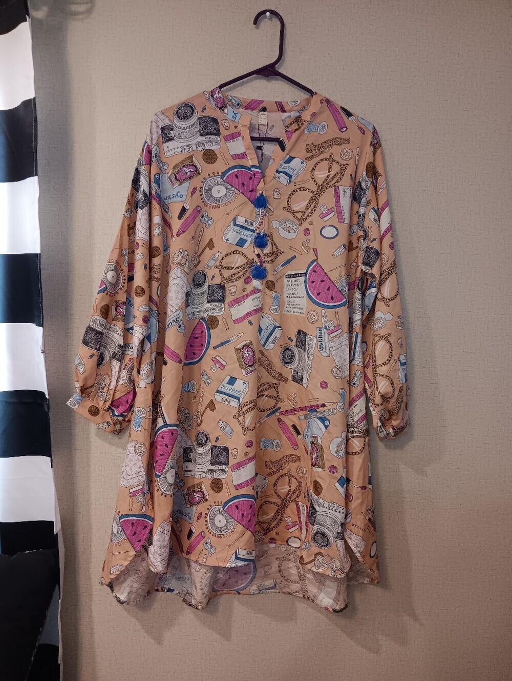 Nishat Pret Beige Printed Mini Dress with Pink Accents Sz 8